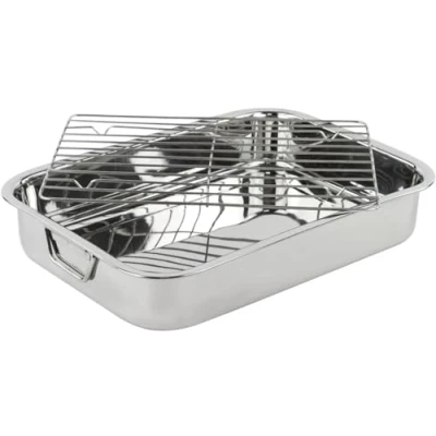 Image of Menax Stainless Steel Roasting Tin With Rack Professional Tray Removable Oven Pan Grill Sturdy Handles 40 cm