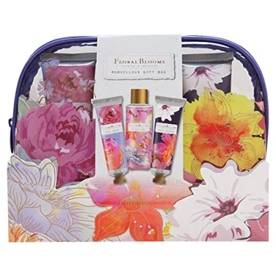 Image of floral Blooms Gift Set with Jasmine and Tuberose Shower Gel, Hand Cream Body Lotion in a Cosmetic bag