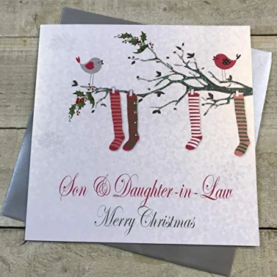 Image of White Cotton Cards Son &amp; Daughter in Law Merry, Handmade Large Christmas Card. Stockings (Code xx14 83)