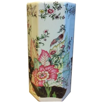 Image of M S L Hexagonal Pink and Navy Floral Ceramic Umbrella Stand/Walking Stick Stand/Large Vase