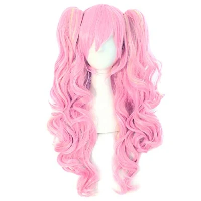 Image of MapofBeauty Multi color Lolita Long Curly Clip on Ponytails Cosplay Wig (Pink/Blonde)(Size: Free Size)