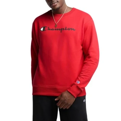 Image of Champion Men&#039;s Graphic Powerblend Fleece Crew Sweatshirt, Team Red Scarlet Script, S