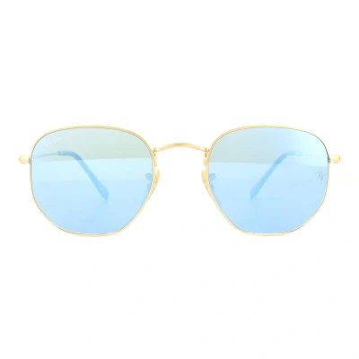Image of Ray Ban Womens Sunglasses Hexagonal 3548N 001/9O Gold Light Blue Gradient Mirror 54mm Metal One Size