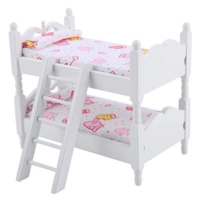 Image of Doll Bunk Bed, 1:12 Wooden Children Bedroom Model Toys Miniature Furniture Scene Props Mini Dollhouse Accessories for Boys Girls Gift (Pink gloves)