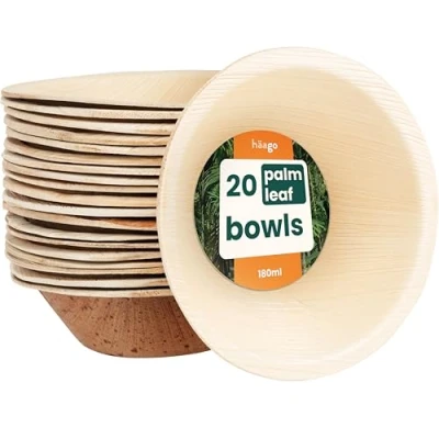 Image of HAAGO 20 Eco Friendly Palm Leaf Bowls Compostable Like Wooden &amp; Bamboo for Hot Cold Food, Microwave Freezer Safe Alternative to Paper Disposable 180ml Biodegradable
