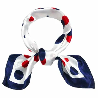 Image of Women Neck Square Scarf Polka Dot Satin Silk Feel Navy Blue
