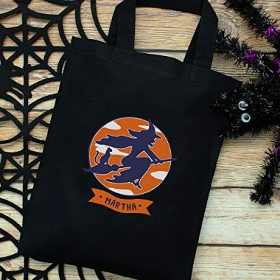 Image of Personalised witch and cat trick or treat bag (Black bag) Halloween bags options