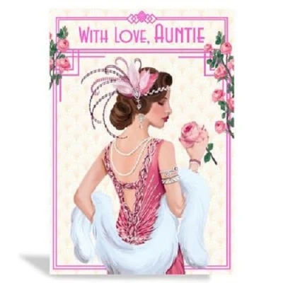 Image of Art Deco 1920&#039;s Flapper Lady Love Auntie Glittered &amp; Foiled Birthday Card with Gem Detail