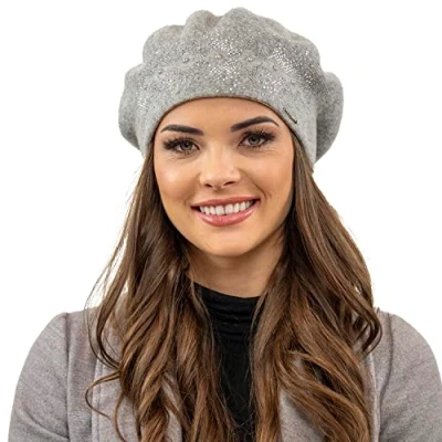 Image of Vivisence Elegant Winter Beret for Women with Classic Style and Zirconia Details Perfectly Fitted Ideal Cold Autumn Days Great Gift Idea, Light Grey,UNI