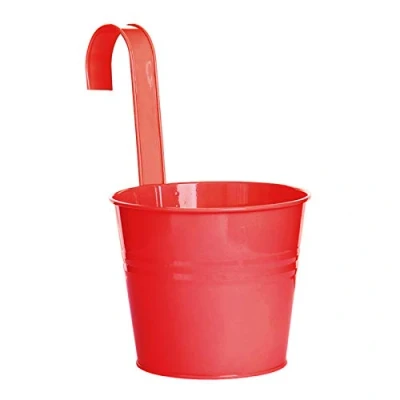 Image of Flower Pots, Garden Pots Hanging Buckets Planter, Metal Plant Home Decor with Hook For Balcony Fence Red S