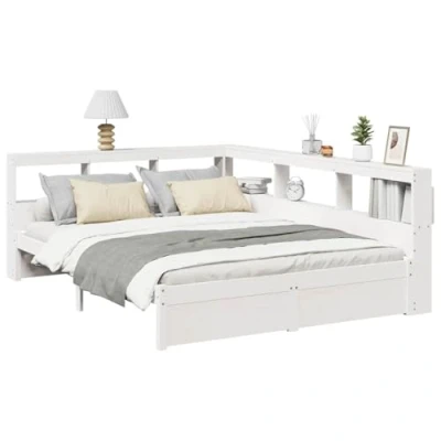 Image of vidaXL King Size White Solid Pine Wood Bookcase Bed Frame with Slatted Base and Storage Headboard Assembly Required