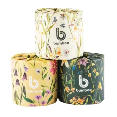 Image of Bumboo Bamboo Toilet Roll 48 Pack Wildflower Edition Wrapped Paper 3 ply, 300 Sheets Eco Friendly Bulk Plastic Free, Soft, Strong, Sustainable &amp; Biodegradable Loo