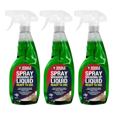 Image of Spear &amp; Jackson Spray Washing Up Liquid 3 x 750 ml for Dishes, Kitchen Surfaces, Utensils and Appliances, Removes Dirt, Grease Grime, Leaves a Brilliant Shine