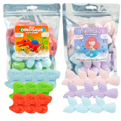 Image of abeec Dinosaur &amp; Mermaid Bath Bomb Set 20 Colourful Bombs for Kids Fun Fizzy Bubble Gifts in Red, Green, White, Pink, Purple Blue