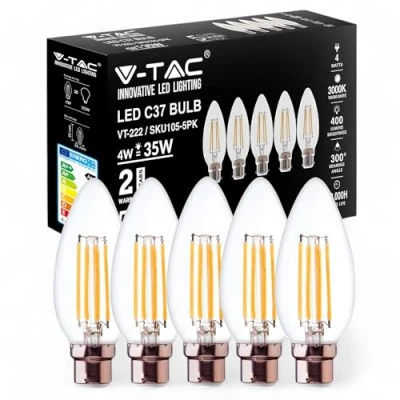 Image of VTAC B22 LED Candle Bulb Bayonet, Filament Bulb, C37 4W Edison Light Bulbs, 40W Incandescent Equivalent, Warm White 3000K, 470Lm, Ceiling Fittings Non Dimmable, Pack of 5