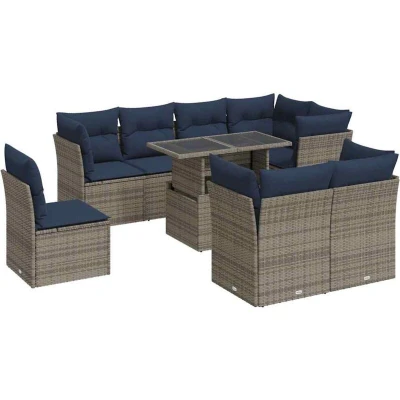 Image of Vidaxl 9 Piece Garden Sofa Set with Cushions Grey Poly Rattan Acacia