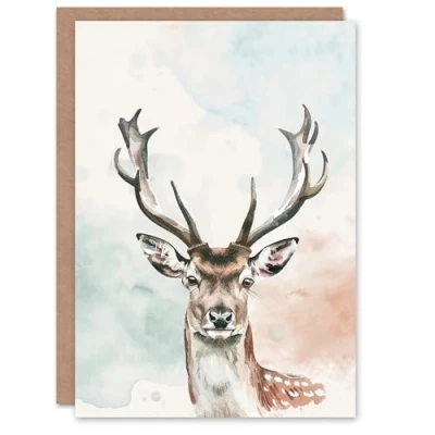 Image of Artery8 Greeting Card Stag Head Portrait Modern Watercolour Pastel Blank For All Him Or Her Art Birthday