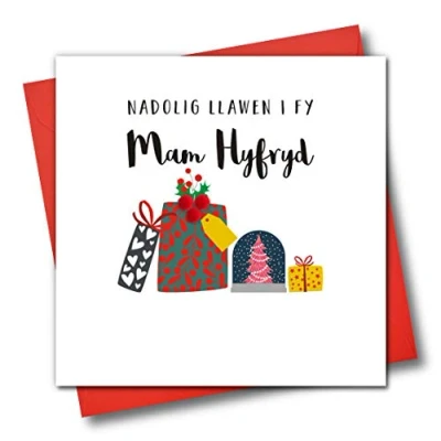 Image of Welsh Language Embellished Christmas Greeting Card, Nadolig Llawen I FY Mam Hyfryd, Merry to My Lovely Mum, Pile of Presents