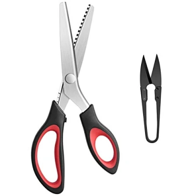 Image of KUONIIY Pinking Shears Serrated, Comfort Grips Handled, Professional Dressmaking Sewing Craft, Zig Zag Cut Scissors, 9 Inch, Black Red