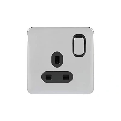 Image of Schneider Electric Lisse Screwless Deco Switched Single Power Socket, 13A, Double Pole, GGBL3010DBPC, Polished Chrome with Black Insert, Pack of 10