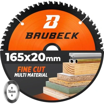 Image of BAUBECK 165mm x 20mm Circular saw blade with 16mm reduction ring, fine cut in Wood, Metal etc. TCT 160 mm 60T Compatible Bosch Makita Dewalt