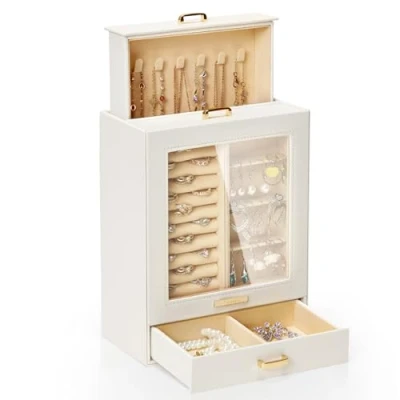Image of Yorbay Seelux jewellery box, box with 3 drawers, glass window, for necklaces, rings, bracelets, earrings (White + Gold)