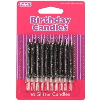 Image of CULPITT Glitter Cake Candles, 100 Pack, Black, Birthday Candle for Cakes &amp; Cupcakes with Clear Holder, Add Some Sparkle to Birthdays, Anniversaries, Special Occasions 10 Packs of Candles