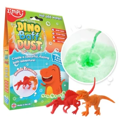Image of Dino Baff Dust 2 Bath Pack and x Dinosaur Figures from Zimpli Kids, Magical Bubble Bomb Soak Powder for Children, Spa Gift Gifts Boys, Toy, Non Toxic