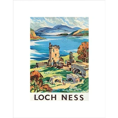 Image of Wee Blue Coo TRAVEL SCOTLAND CASTLE LOCH NESS BRITISH RAILWAYS FRAMED ART PRINT B12X7885