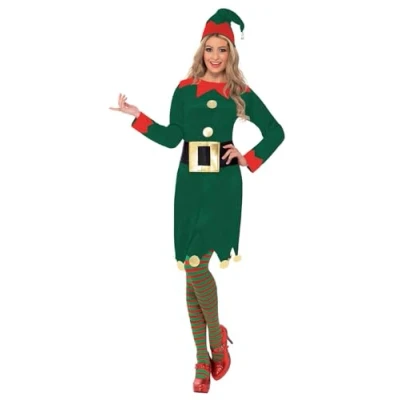 Image of Smiffys Elf Costume, Green with Dress, Hat &amp; Belt, Christmas Adult Fancy Dress Up Costumes