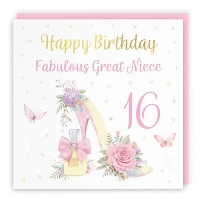 Image of Hunts England 16th Great Niece High Heel And Perfume Birthday Card Luxury Gold Foil Milo&#039;s Gallery Age 16 Butterflies, Flowers, Hearts Pretty For