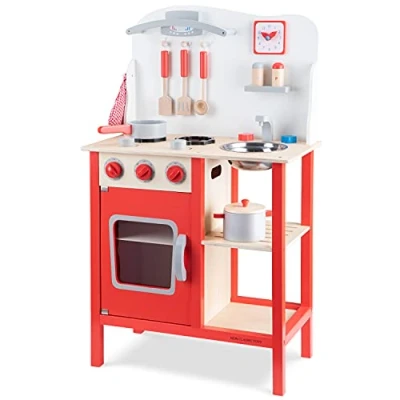 Image of New Classic Toys Red Wooden Pretend Play Toy Kitchen for Kids with Role Bon Appetit Included Accesoires