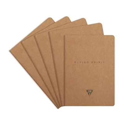 Image of Clairefontaine 103536C A pack of 5 Flying Spirit thread stitched notebooks 96 ivory pages 14.8x21 cm 90g lined, brown kraft card cover, ass pattern