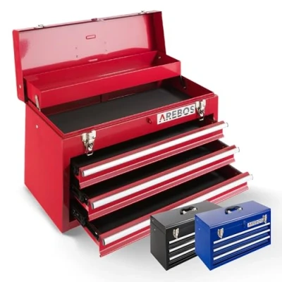 Image of Arebos Toolbox with 3 drawers &amp; 2 storage compartments incl. carrying handle snap locks in function anti slip mats (Red)