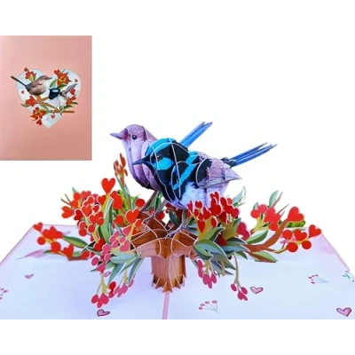 Image of Card Mavens Wren Birds Valentine&#039;s Day Anniversary Pop Up Birthday for Wife Mother Fiancée 3D Girlfriend LGBT Engagement Mother&#039;s I Love You