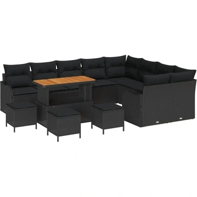 Image of vidaXL 13 Piece Garden Sofa Set with Cushions Black Poly Rattan Acacia