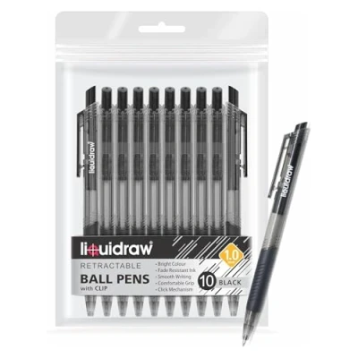 Image of Liquidraw Ballpoint Black Pens Set Of 10 Retractable Ball Medium Point 1.0mm Pen Smooth Writing Comfortable Grip Click For Home, School &amp; Office (Black)