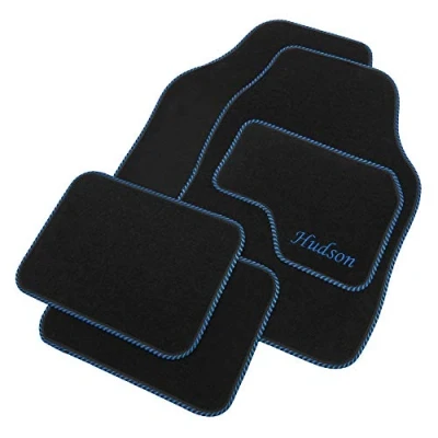 Image of JVL Personalised Universal Black Carpet Car Mat Set with Blue Embroidered Drivers