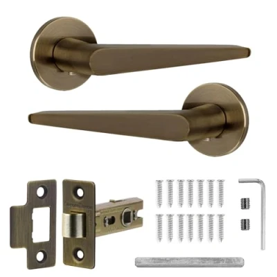 Image of Decoranddecor Antique Brass Door Handles Internal Aluminium Handle Sets for Wooden Interior Doors with Tubular Mortice Latch Terra Range