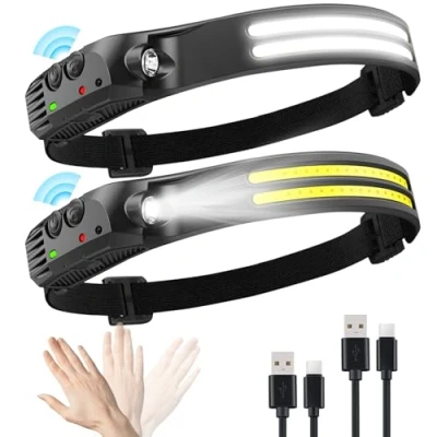 Image of WenYa Head Torch Rechargeable, 270 Wide Angle Headtorch with Hands Free Sensor 5 Lighting Modes, Lightweight Waterproof Led Headlamp for Camping Fishing Running, 2Pack