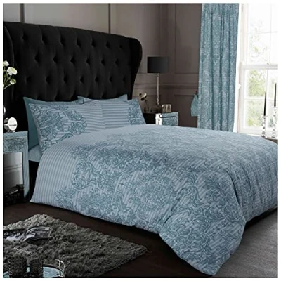 Image of GC GAVENO CAVAILIA Luxurious Empire Damask Bed Set Printed Duvet Cover, Easy Care Soft &amp; Cosy Quilt Bedding Set, Super King Duck Egg