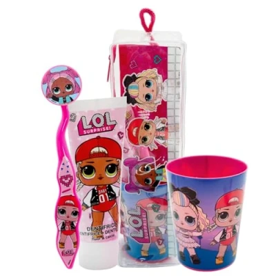 Image of LOL Surprise Toothbrush Set Contains with Soft Bristle and Protection Cap, Strawberry Flavour Toothpaste, Multi Purpose Beaker Pouch, Dental Kit for Children Aged 3+