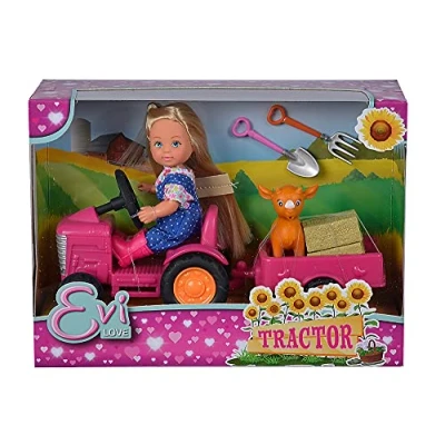 Image of Simba 105733518 Traktor Evi Love Doll on her Tractor with Trailer/Animal/hay Bales/Shovel and Pitchfork / 12 cm/Suitable for Children from 3 Years, Multicoloured, One Size