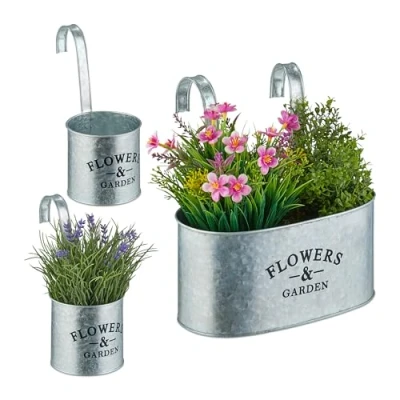 Image of Relaxdays, Set of 3, 2 Sizes, Galvanised Metal, Flower Hanging, Herb Pots for Balcony, Silver, Iron, 25 x 24 20 cm