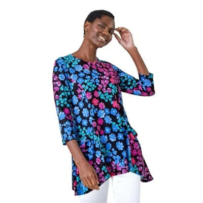 Image of Roman Originals Swing Top with Pockets for Women UK Ladies Hanky Hem Asymmetric Tunic Blouse Longline Long Stretch Jersey Casual Round NeckTee Shirt T Blue Pink Size 12