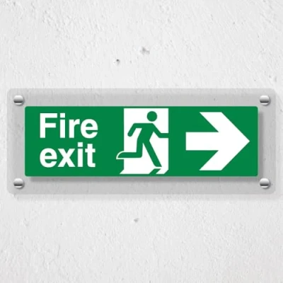 Image of V Safety Fire Exit Arrow Right 300 x 100 mm Acrylic Perspex Cast Clear Sign