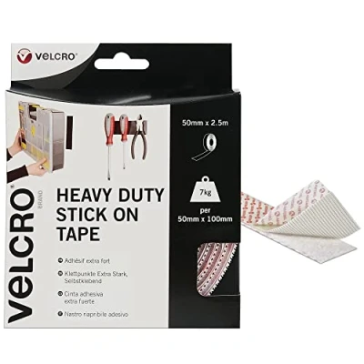 Image of VELCRO Brand Heavy Duty Stick On Tape Cut to Length Industrial Strength Double Sided Hook &amp; Loop Self Adhesive Perfect for Room Décor Home, Office, Garage Use White 50mm x 2.5m