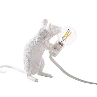 Image of ausuky Retro Rat Table Lamp Mouse Desk Light Bedside Resin Mice Warm Room Decor E12 Base (White Sitting)