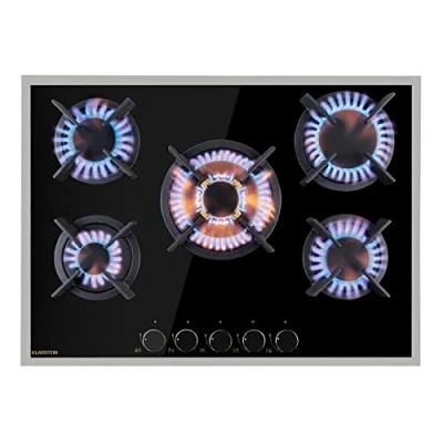 Image of Klarstein Gas Cooker, 5 Burners Hob, 10400W Built In Five Ring Electric Campervan Cooktops Cookers, Stainless Steel Glass Top Wok Burner, Kitchen Stoves LPG Cooker