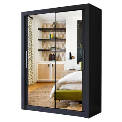 Image of A.C. Milan Modern Double Mirror sliding door wardrobe with LED Light Width 100cm/120cm/150cm/180cm/203cm/250cm (150, Black)